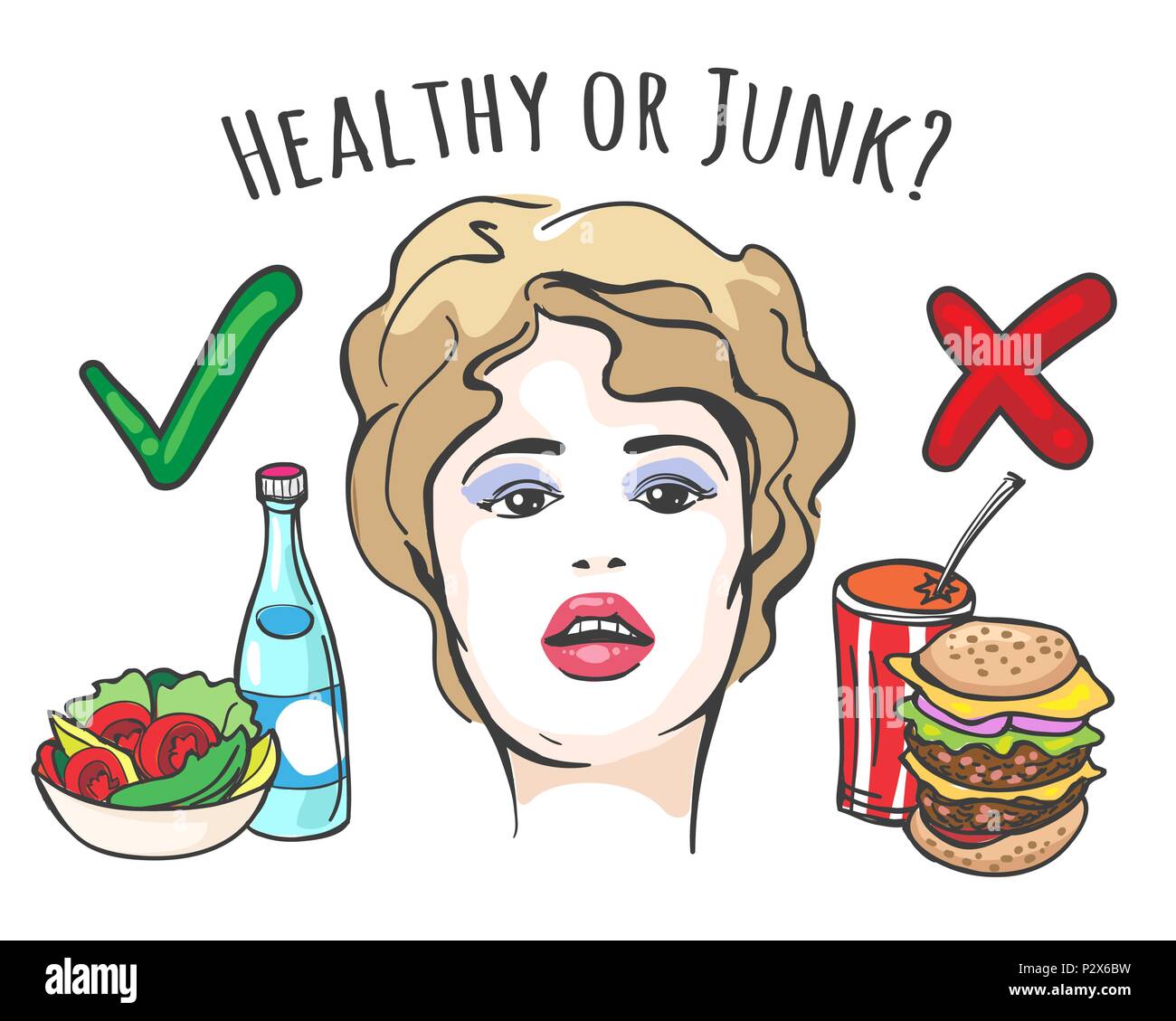 Junge Frau, Wahl zwischen gesunden und Junk Food. Ernährung und Gesundheit Konzept im Retro Style. Vector Illustration. Stock Vektor