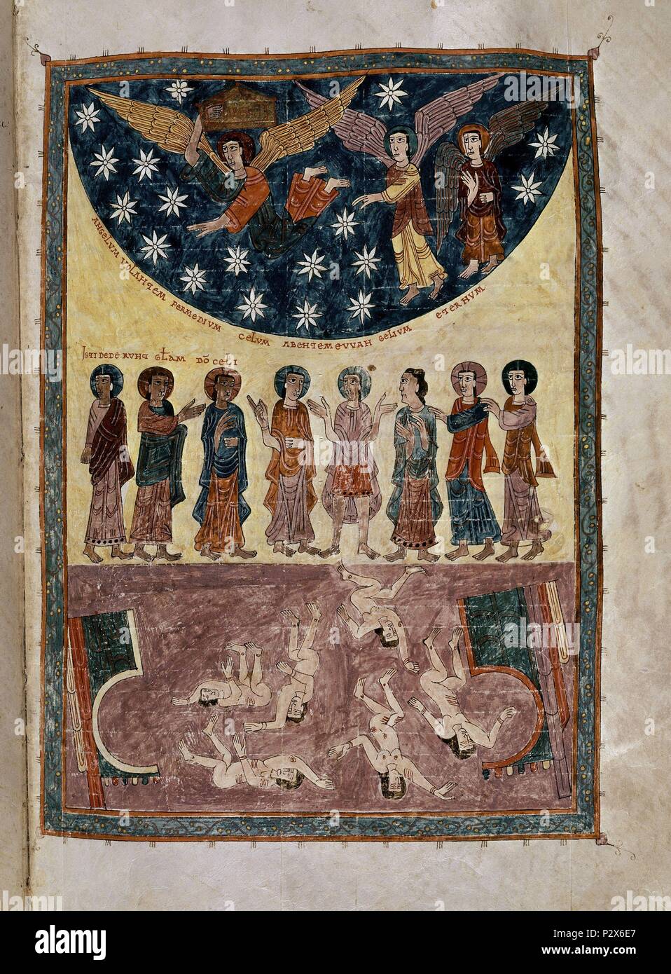 BEATO DE SAN SALVADOR DE TABARA, EL ANGEL CON EL EVANGELIO ETERNO Y LA CAIDA DE BABILONIA, 975 - COMENTARIOS AL APOCALIPSIS - MOZARABE F. 192 R. Autor: Beatus von Liébana (C. 730 - C. 798). Lage: CATEDRAL - ARCHIVO KAPITELKIRCHE, Alicante, Spanien. Stockfoto