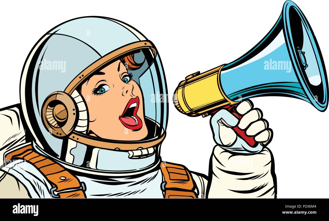 Frau Astronaut mit Megaphon isolieren auf weißem Hintergrund Stock Vektor