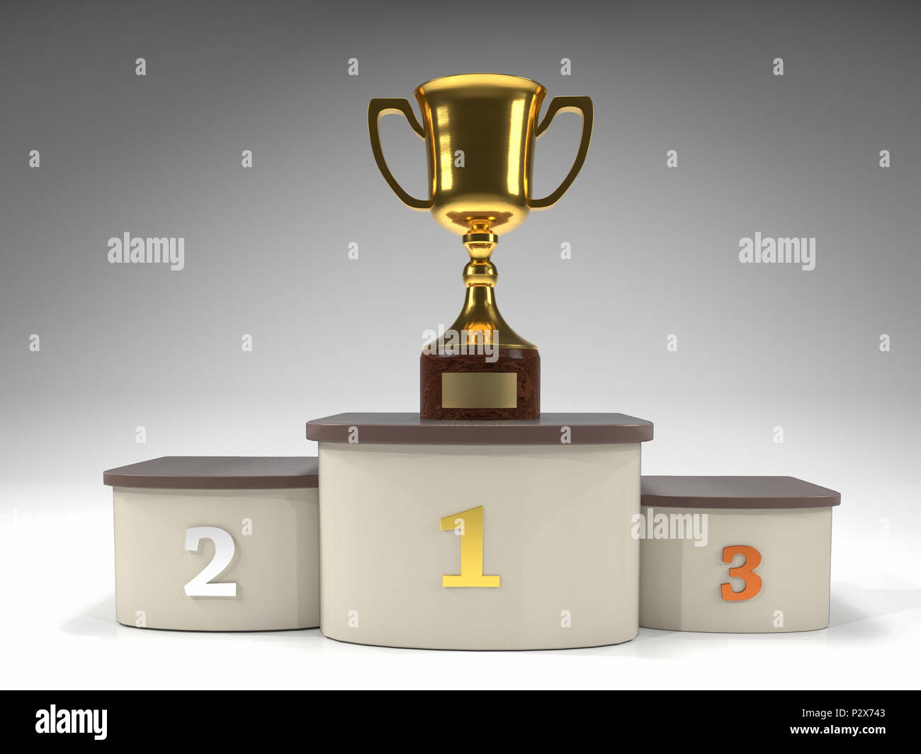 3D-Render von Golden Trophy Cup auf dem Podium Stockfoto
