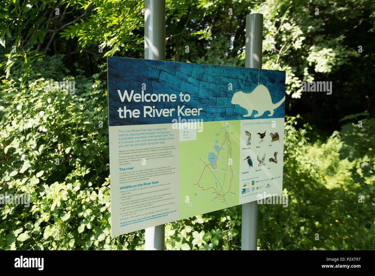 Lune Flüssen Vertrauen signage zeigt ein Wanderweg entlang des Flusses Keer in der Nähe von borwick in Lancashire. Der Fluss Keer ist ein kleiner Fluss, der für Stockfoto