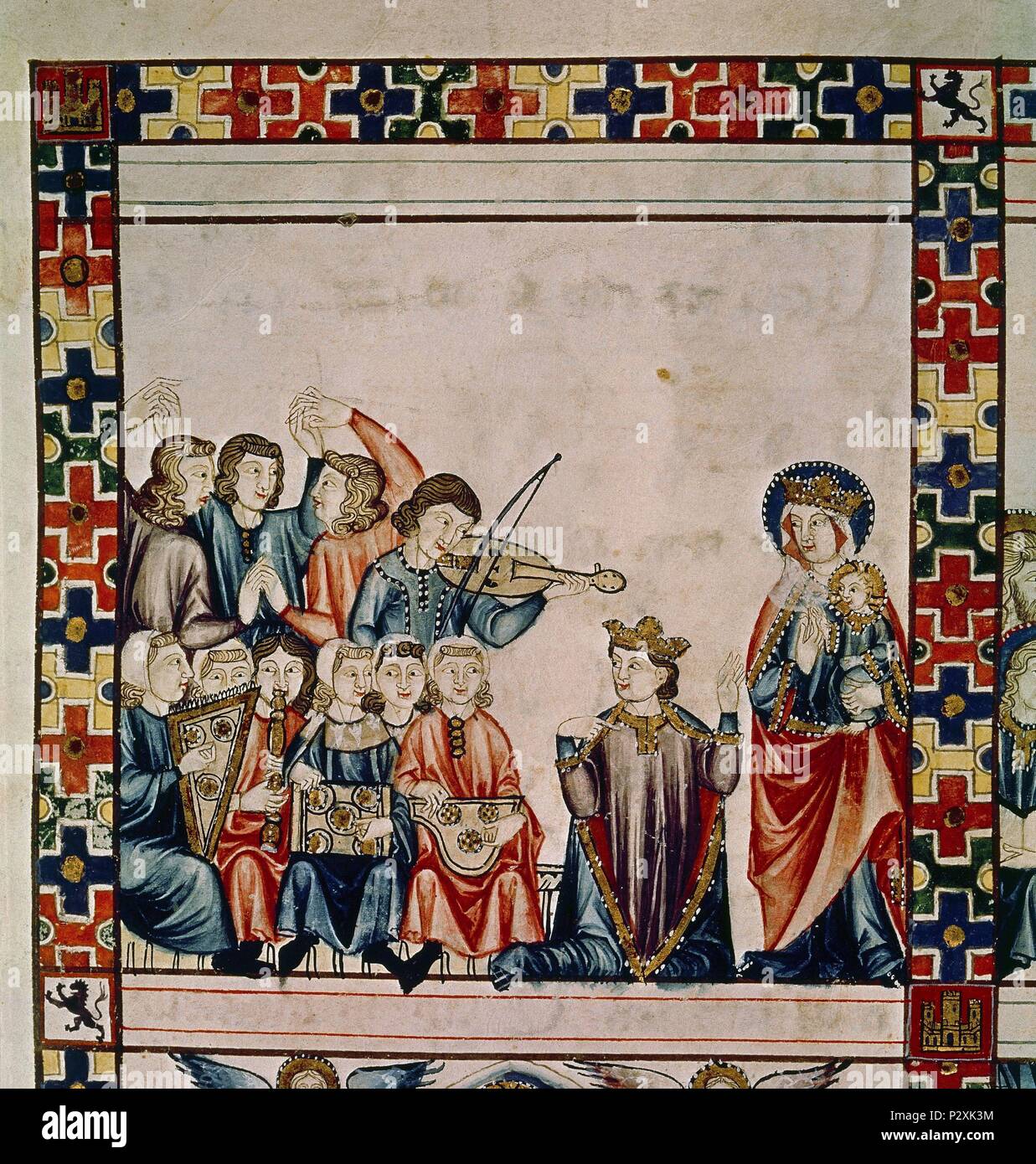 MTI 1 - CANTIGA DE SANTA MARIA Nº 170 V-A-DE LOOR - REY CON CORTEJO DE MUSICOS DANZANTES Y ANTE LA VIRGEN - SIGLO XIII. Autor: Alfons X. von Kastilien, der Weise (1221-1284). Lage: MONASTERIO - BIBLIOTECA - COLECCION, SAN LORENZO DEL Escorial, Madrid, Spanien. Stockfoto