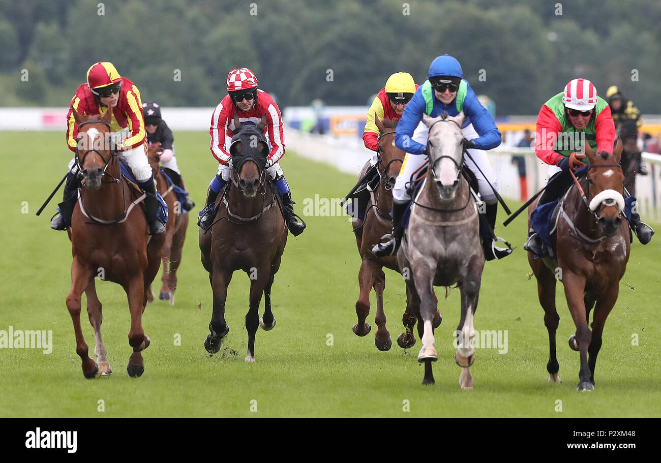 Insel der Liebe Chris Hughes (2. links) Fahrten Carnageo während des Best Western Hotels & Macmillan Fahrt Ihres Lebens, während der Macmillan Nächstenliebe Raceday an der Rennbahn von York. Stockfoto