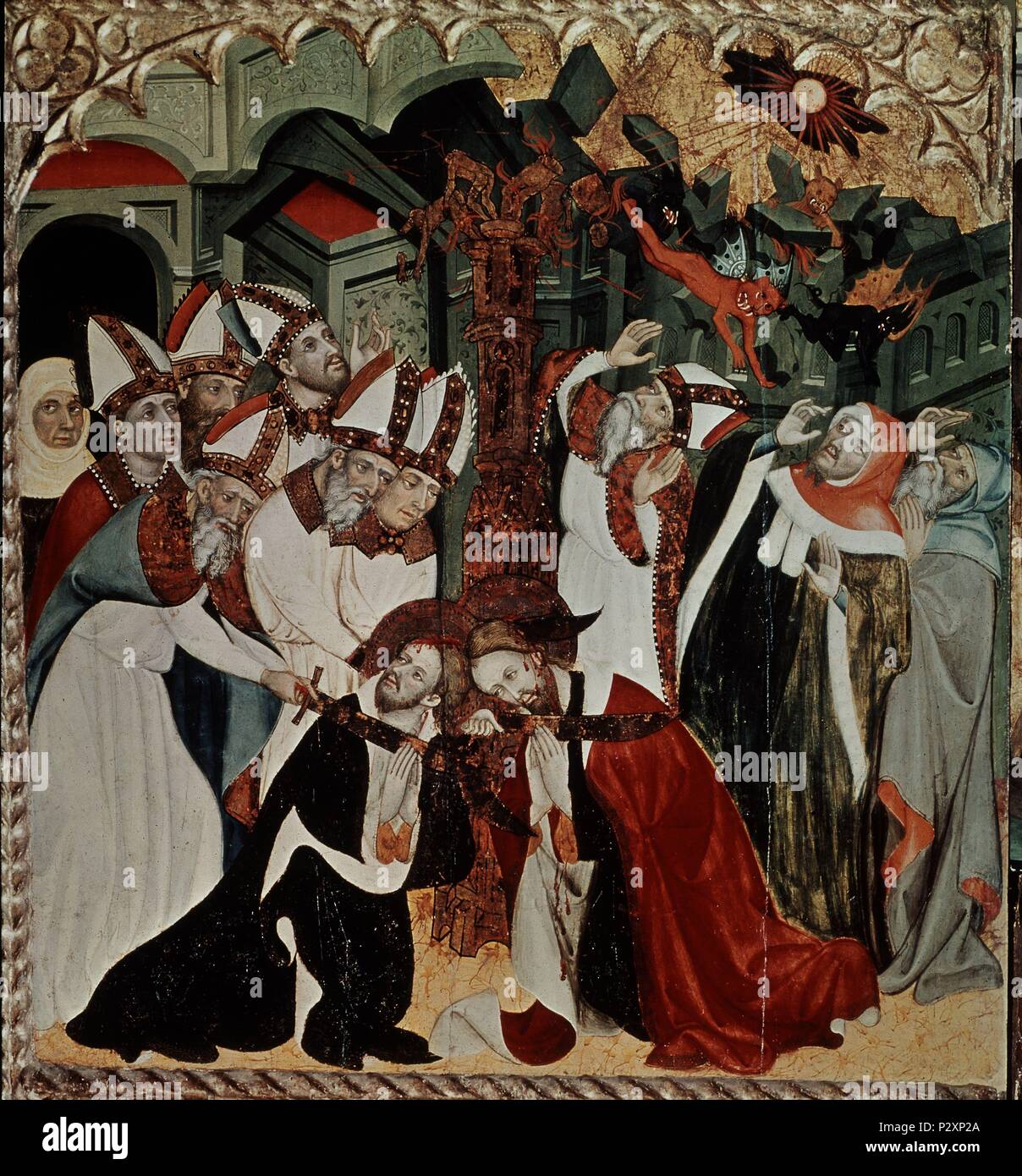 RETABLO DE SANTA CLARA - 1414 - las mejores DE LOS DEMONIOS - GOTICO ESPAÑOL. Autor: Lluís Borrassà (C. 1360 - C. 1425). Lage: MUSEO EPISCOPAL, VIC, BARCELONA, SPANIEN. Stockfoto