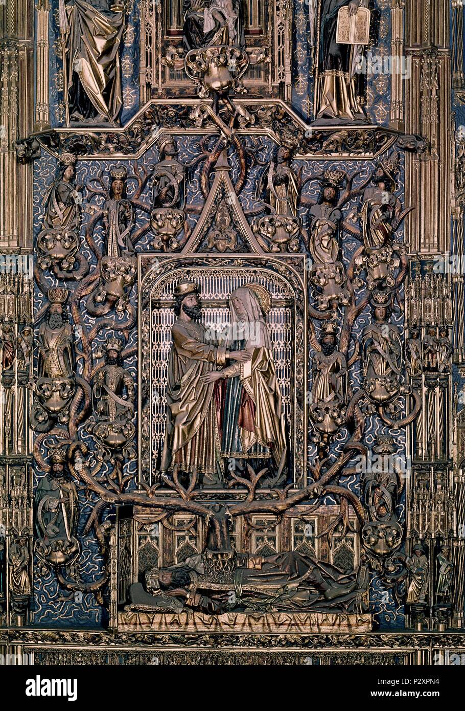 RETABLO DE LA CAPILLA DE LA CONCEPCION Y SANTA ANA - ABRAZO DE SAN JOAQUIN Y SANTA ANA - 1492 - GOTICO TARDIO. Autor: Gil de Siloé (C. 1440-1501). Lage: CATEDRAL - INTERIEUR, Burgos, Spanien. Stockfoto