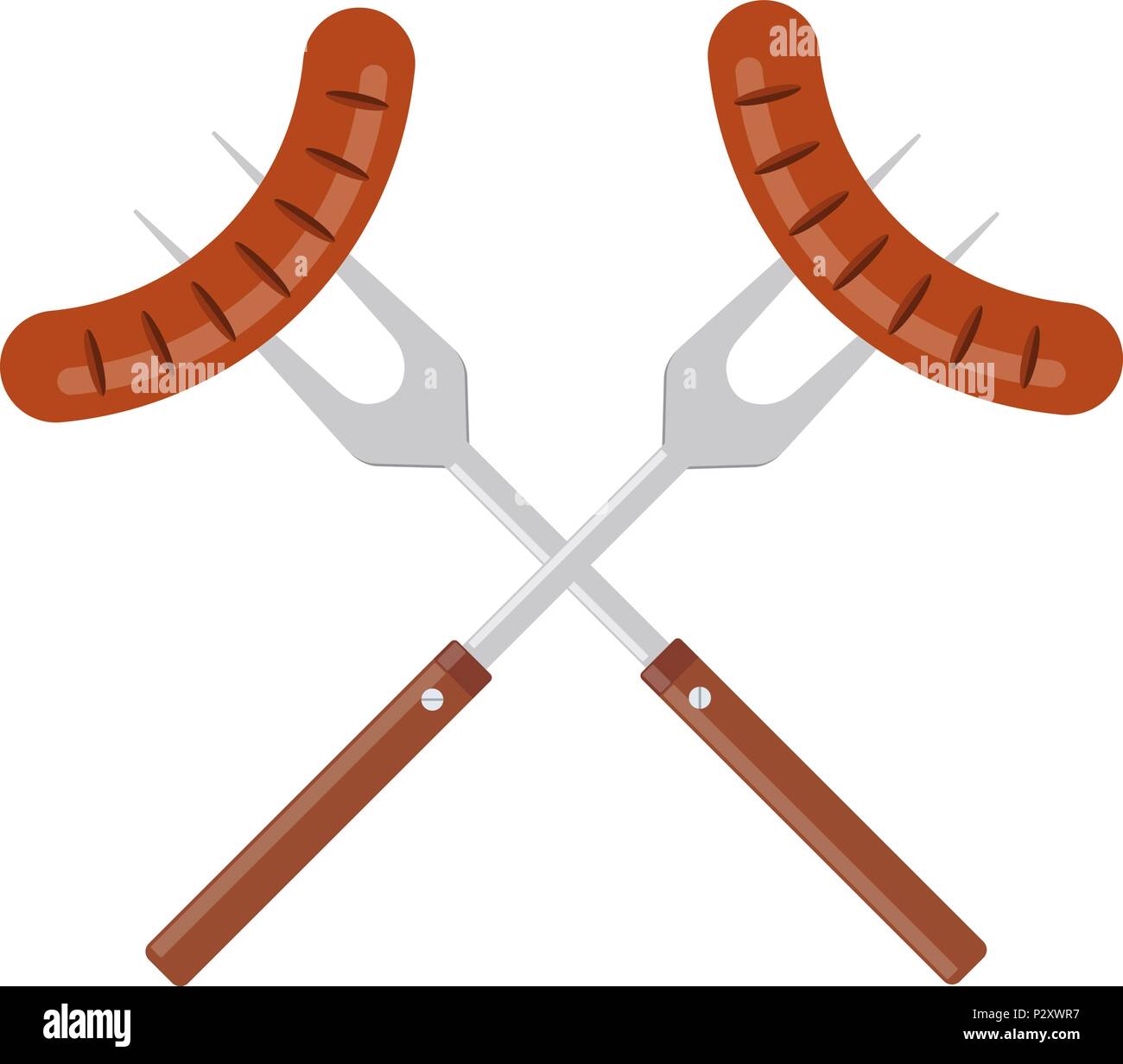 Am Grill Gabel Wurst. Gegrillte Würstchen. BBQ oder Grill tools Symbol. Gekreuzt Grill Gabel mit gegrillten Würstchen. Symbol Vorlage Logo. Vektor illustr Stock Vektor