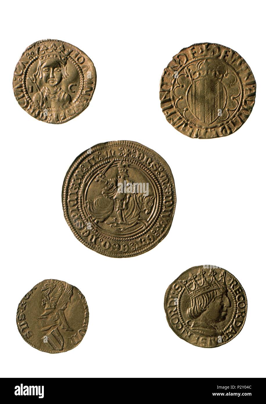 MONEDAS ORO DE LA CORONA DE ARAGON - SIGLO XV-DUCADO DE Juan II. von Aragon (DCHA) - ALFONSI (Centro). Lage: GABINETE NUMISMATICO, BARCELONA, SPANIEN. Stockfoto