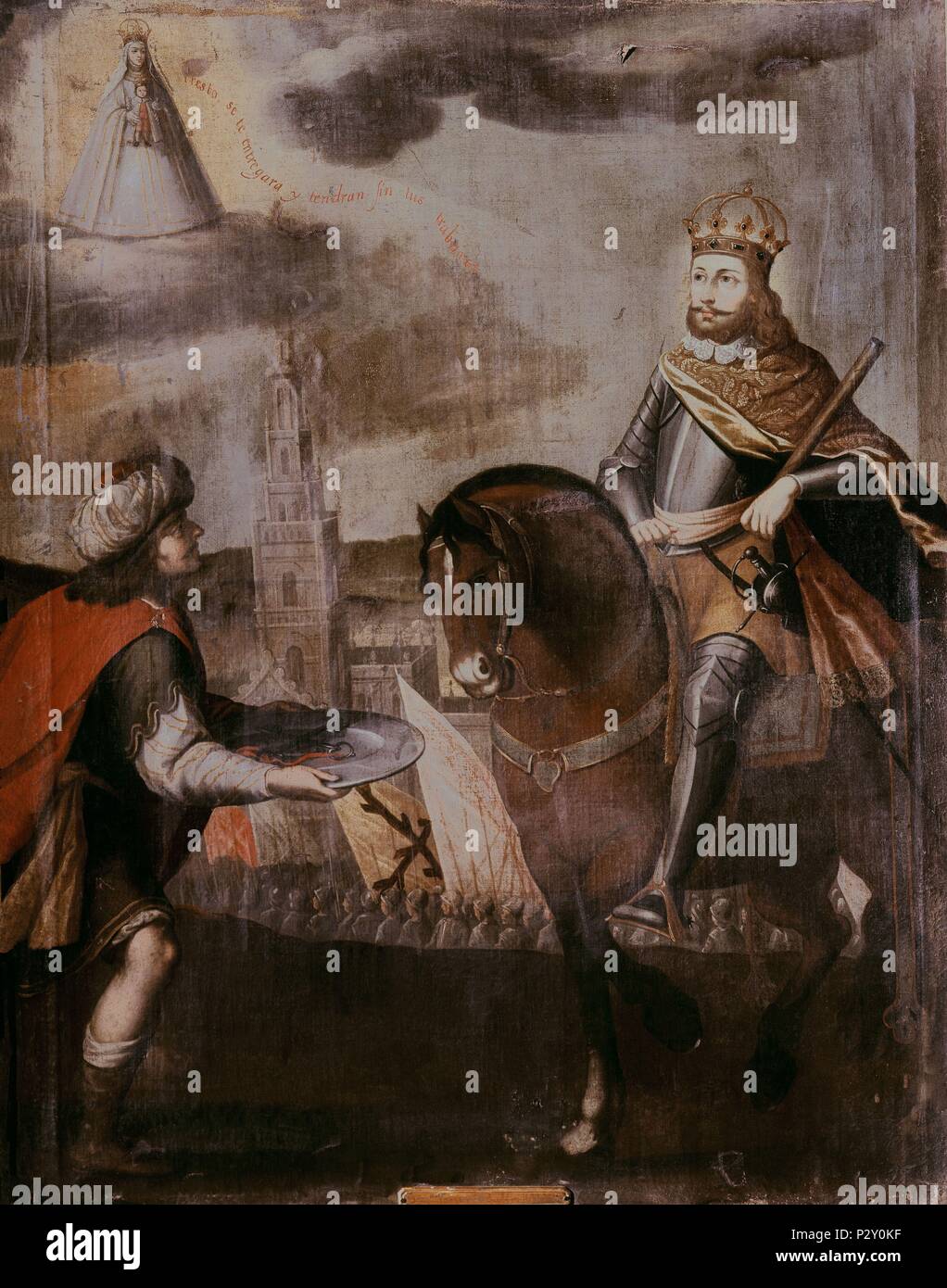 EL REY MORO ENTREGA LAS LLAVES DE SEVILLA SAN FERNANDO - SIGLO XVII. Autor: Gregorio Vásquez de Arce y Fernandez (1638-1711). Lage: das Museo de Arte COLONIAL, BOGOTA, KOLUMBIEN. Stockfoto