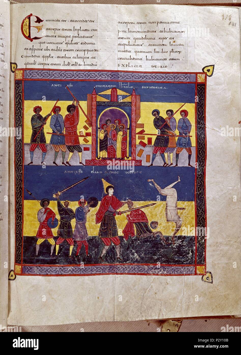 COMENTARIOS AL APOCALIPSIS, EL ANTICRISTO da MUERTE A LOS DOS TESTIGOS, AÑO 1047 - PROCEDE DE SAN ISIDORO DE LEON-S XI-VIT 14-2. Autor: Beatus von Liébana (C. 730 - C. 798). Lage: Biblioteca Nacional - COLECCION, MADRID, SPANIEN. Stockfoto