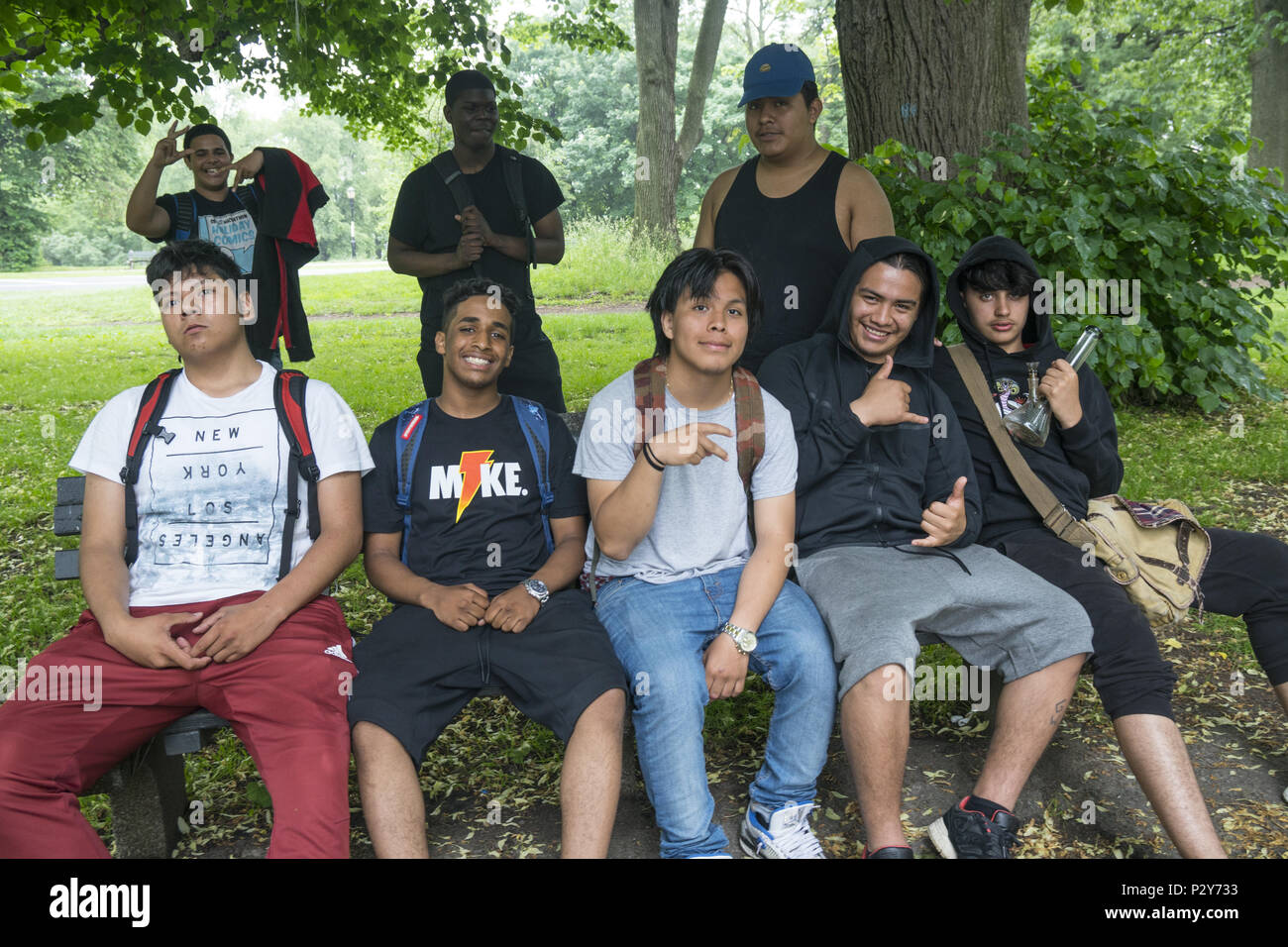 High School Alter multi-ethnische Gruppe von jungen gerne posieren für ein Foto im Prospect Park, Brooklyn, New York. Stockfoto
