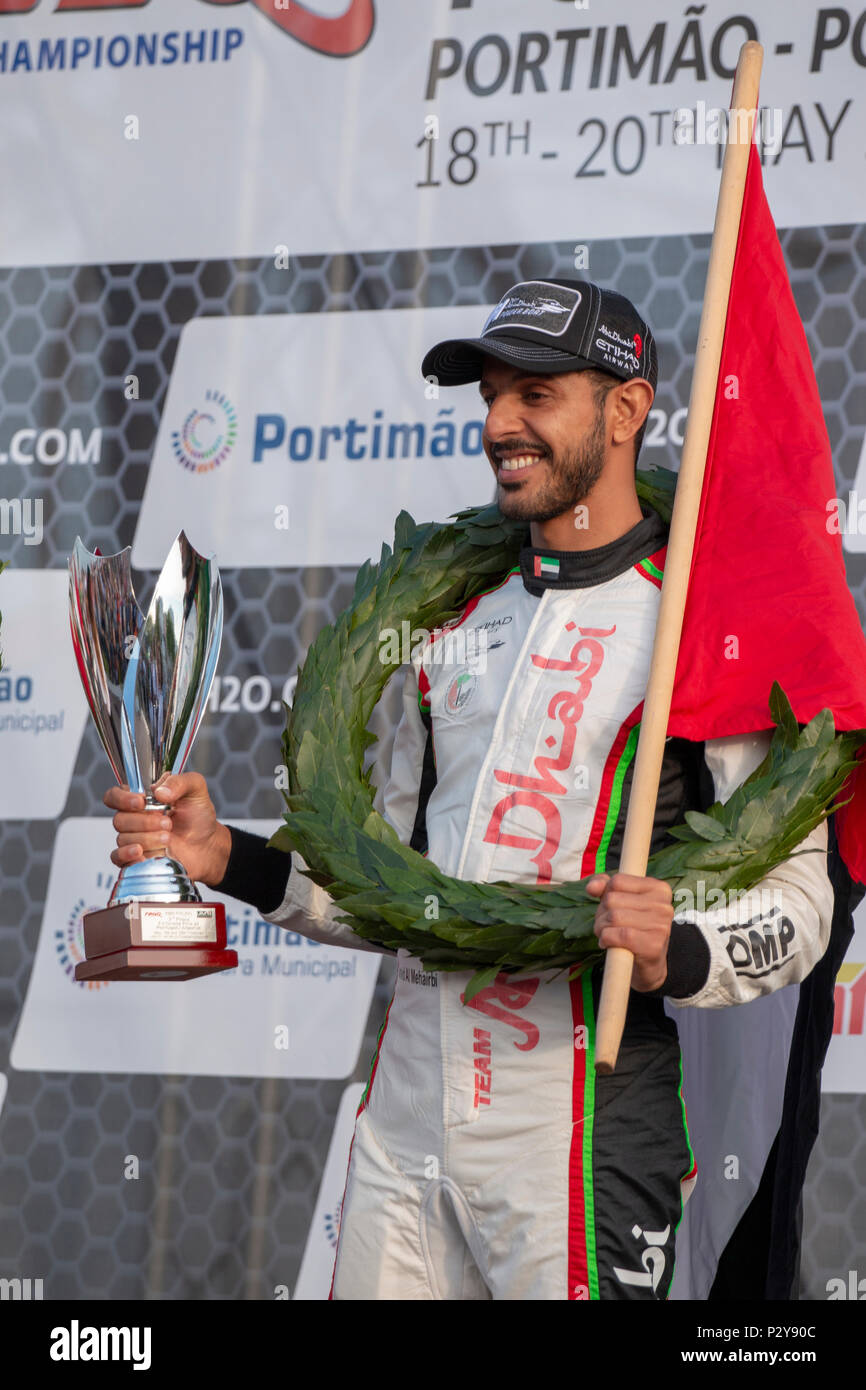 PORTIMAO, PORTUGAL: 20. Mai, 2018 - Mohamed Al Mehairbi Platz 3 Sieger Portugiesisch Grand Prix - F4-S Motorbootrennen Ereignis der 2018 edition Hel Stockfoto