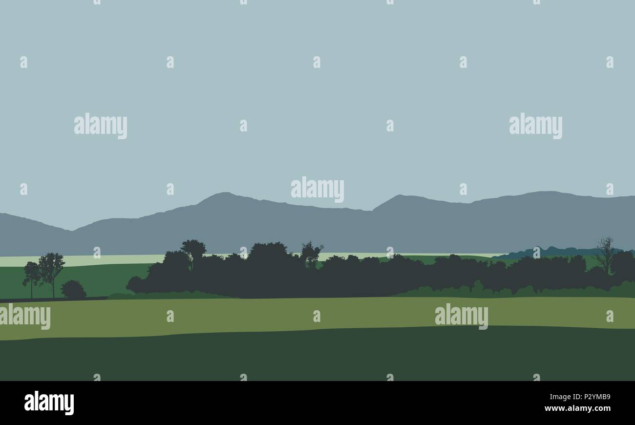 Ackerland mit Feld, Wiese und Bäume mit Hügeln und Bergen im Hintergrund, unter dem grauen Himmel-Vektor Stock Vektor