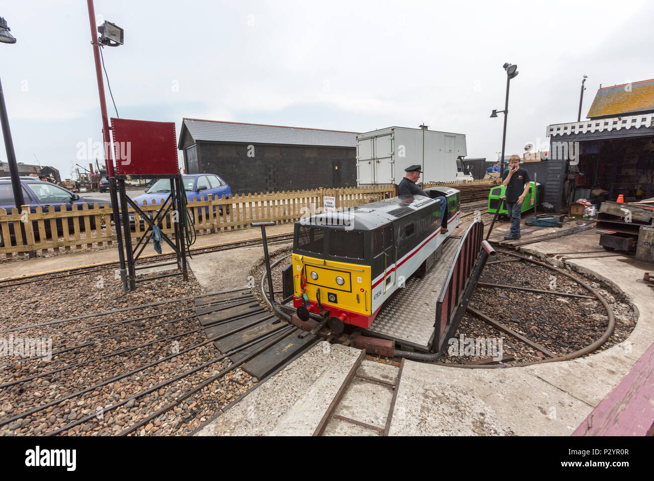 Drehen der Lokomotive der Hastings Miniatur Intercity-bahnhof. Hastings, East Sussex, England, Großbritannien Stockfoto