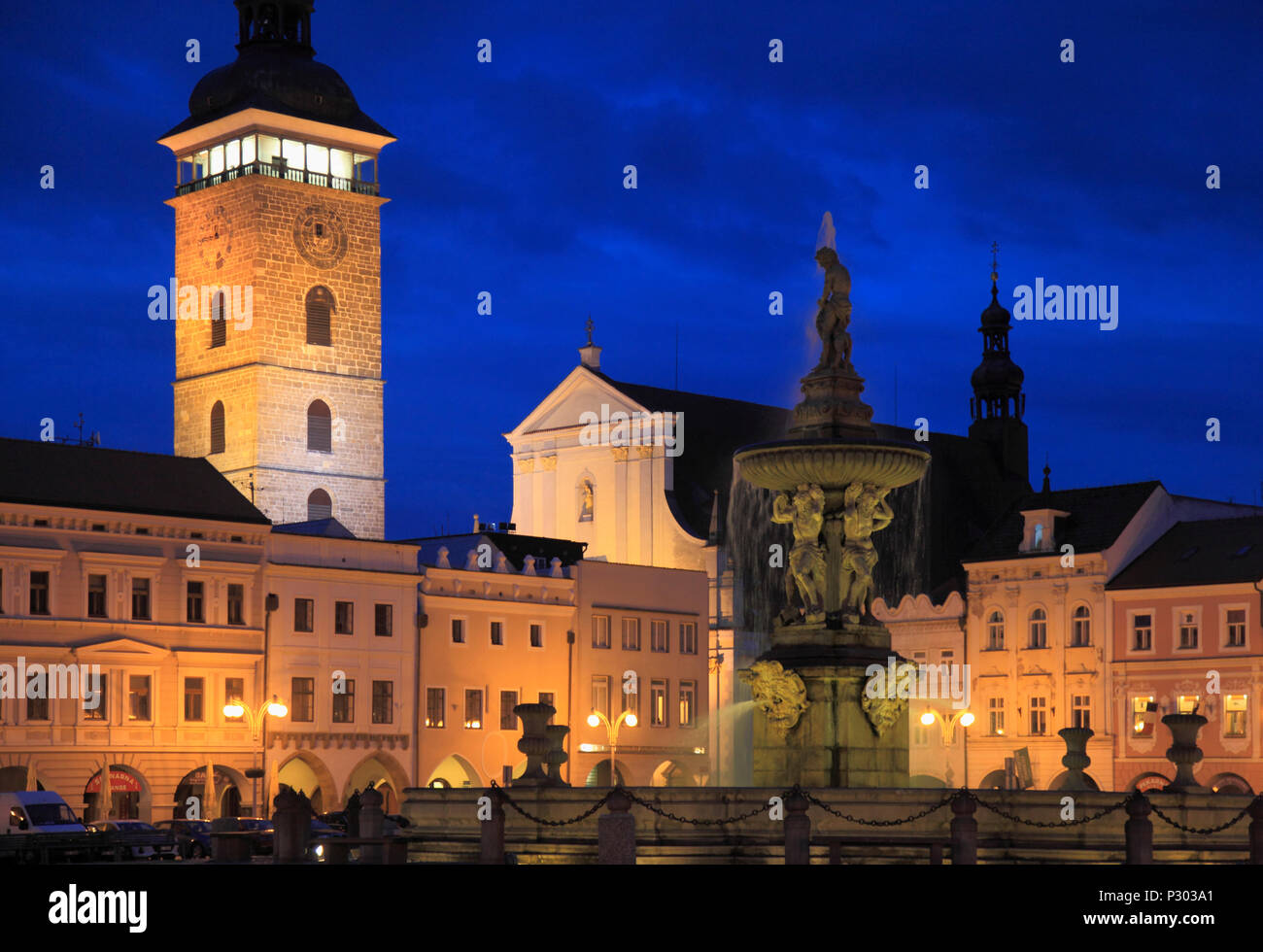 Tschechische Republik, Ceske Budejovice, Schwarzer Turm, Samson-brunnen, St.-Nikolaus-Kirche, Stockfoto