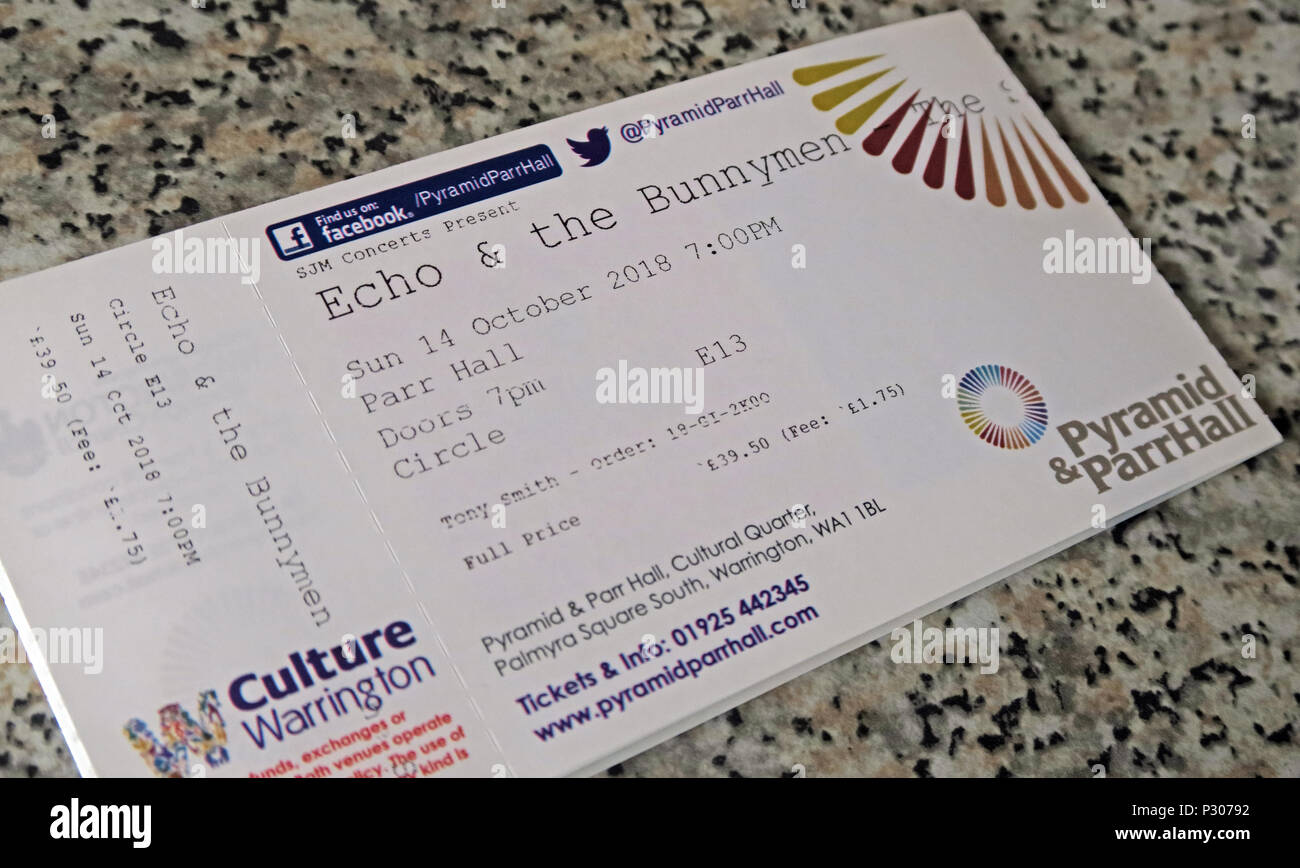 Echo & The Bunnymen Traditional Ticket, Oktober 2018, Warrington Parr Hall, mit Buchungsgebühr, gedrucktes Ticket Stockfoto