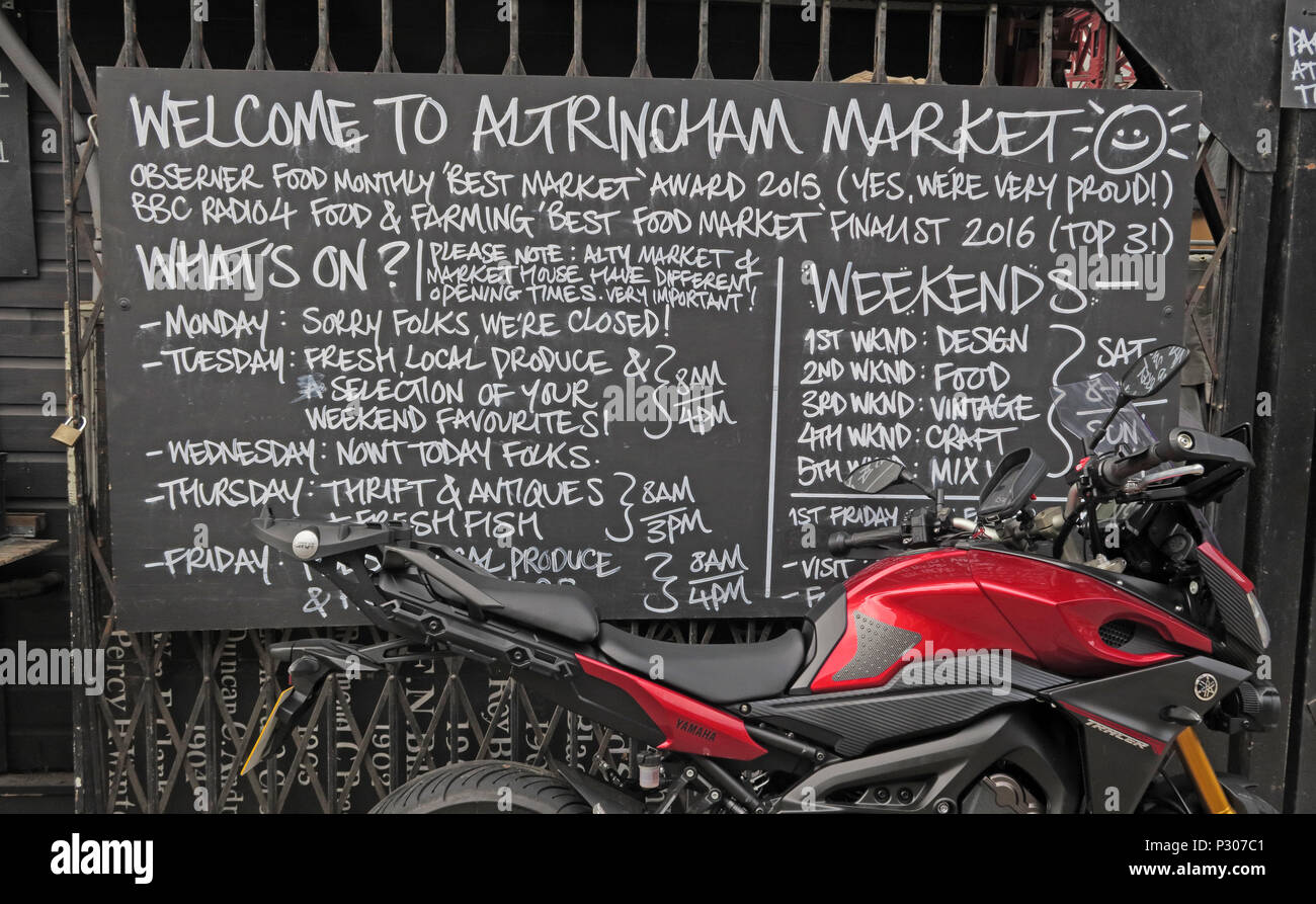 Willkommen auf dem erfolgreichen Einzelhandelsmarkt von Altrincham (ähnlich wie Borough Market), Trafford Council, Greater Manchester, Nordwestengland, Großbritannien Stockfoto