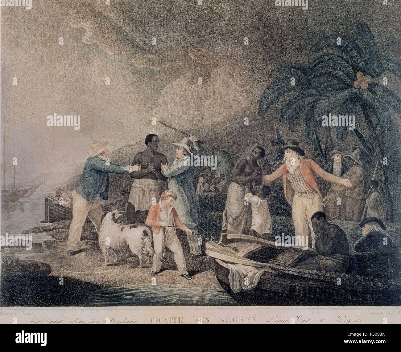 Der Sklavenhandel - 1835 - farbige Gravur. Autor: George Morland (1763-1804). Auch als: TRATA DE NEGROS bekannt. Stockfoto