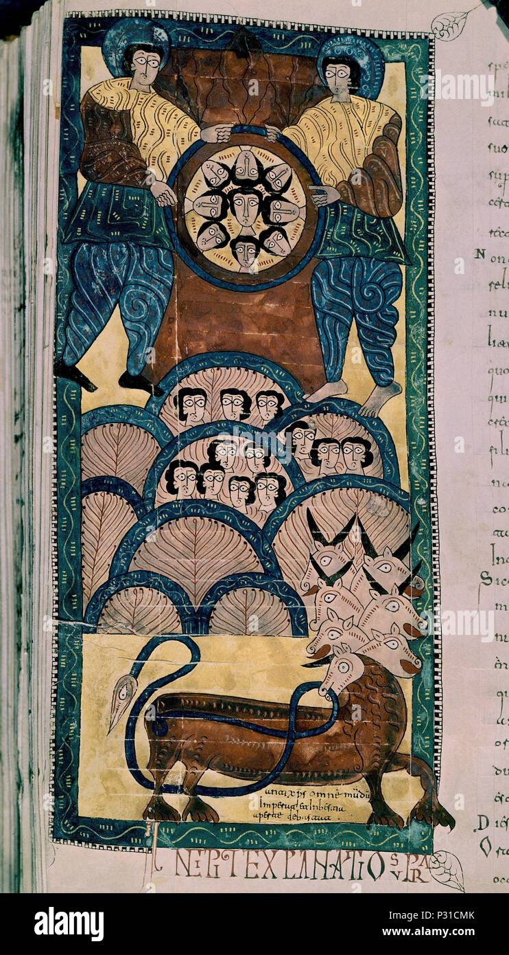 COMENTARIOS AL APOCALIPSIS - BEATO DEL ESCORIAL - SIGLO X Autor: Beatus von Liébana (C. 730 - C. 798). Lage: MONASTERIO - BIBLIOTECA - COLECCION, SAN LORENZO DEL Escorial, Madrid, Spanien. Stockfoto