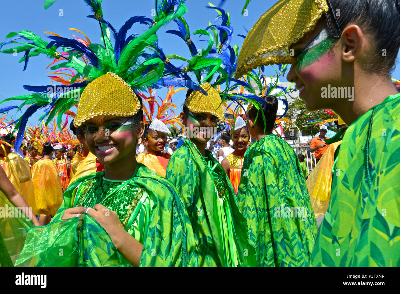 Ritmo del Pajarito (Bird's Rhythmus). Schlacht von Blumen, Barranquilla Karneval. Stockfoto