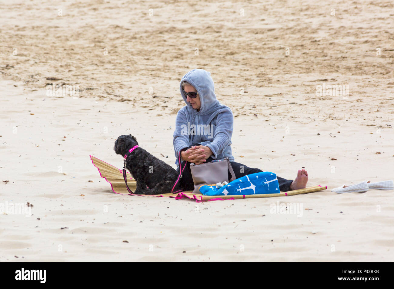 Bournemouth, Dorset, Großbritannien. 17. Juni 2018. UK Wetter: breezy Tag an Alum Chine Beach, nicht davon abhalten, die Besucher zum Meer gehen. Frau sitzt auf Sand mit Hund. Credit: Carolyn Jenkins/Alamy leben Nachrichten Stockfoto