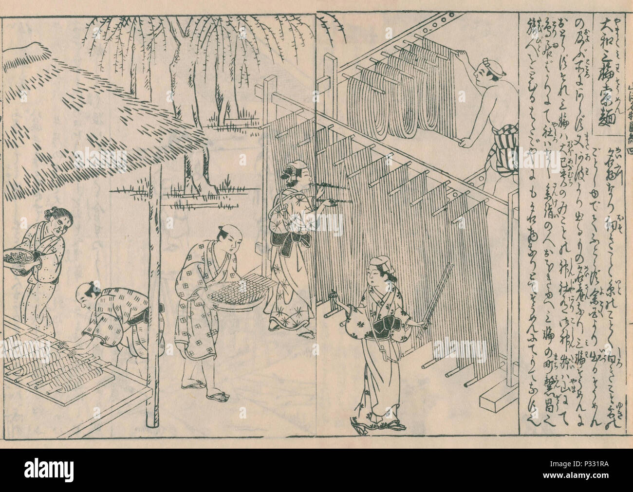 Somen-Produktion bei Yamato Mitsuwa von „ Nihon sankai meisan zue“, veröffentlicht 1797, Künstler Mitsunobu Hasegawa Stockfoto