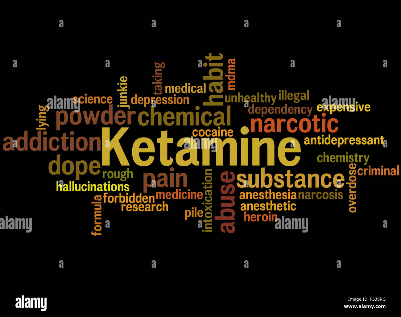 Ketamin, Word cloud Konzept auf schwarzen Hintergrund. Stockfoto