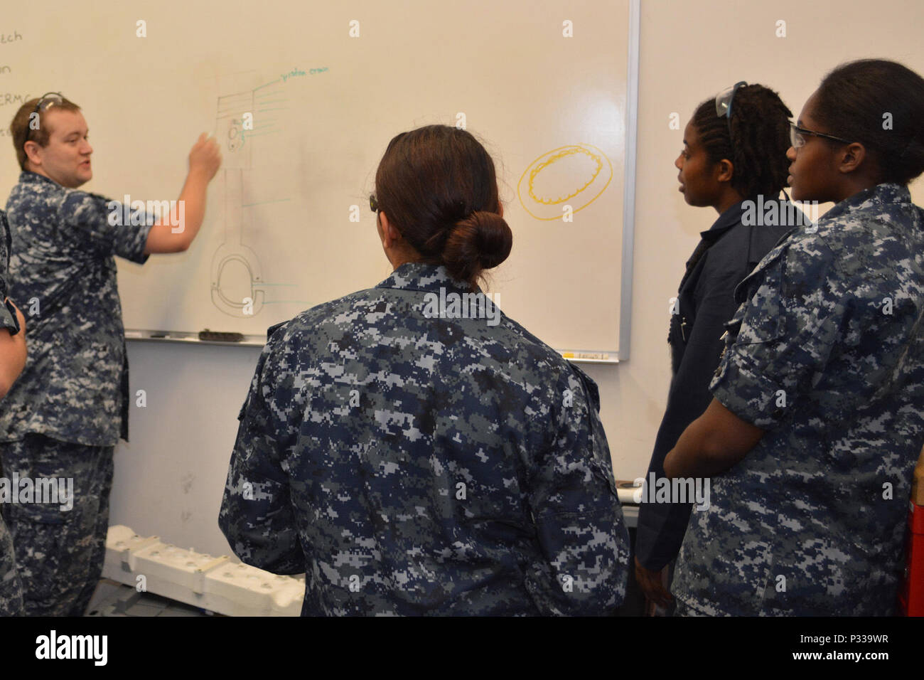 Petty Officer 1st Class Robin Mosely (links) Fragen (nach rechts) links Seemann Hannah Ybarra, Petty Officer 1st Class Staci Allen und Petty Officer 3rd Class Raquel Alvarado auf die verschiedenen Teile eines Cummins Marine Diesel Motor mit SERMC. Einmal geschult, Segler auf SERMC Reinigen, Schmieren, stellen Sie Test- und vorbeugende Instandhaltung von Dieselmotoren. Stockfoto