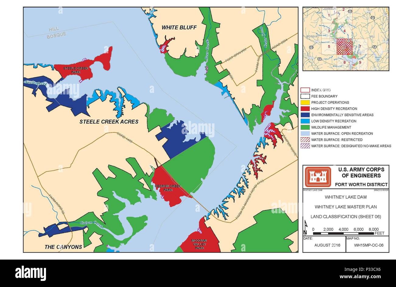 Die American Planning Association geehrt die Fort Worth Bezirk neue Whitney See Master Plan, der die United States Army Corps of Engineers Ländereien mit einem neuen System der Klassifikation neu zugeordnet. Dunkelblau, zeigt zum Beispiel ökologisch sensiblen Bereichen. Dazu gehören spezielle Sichtfelder, kulturelle Ressourcen oder Lebensraum, wie die Eiche-Ashe Juniper Wälder bevorzugt von der gefährdeten Golden-cheeked Warbler in Zentral-Texas. Grafik: US Army Corps of Engineers Stockfoto