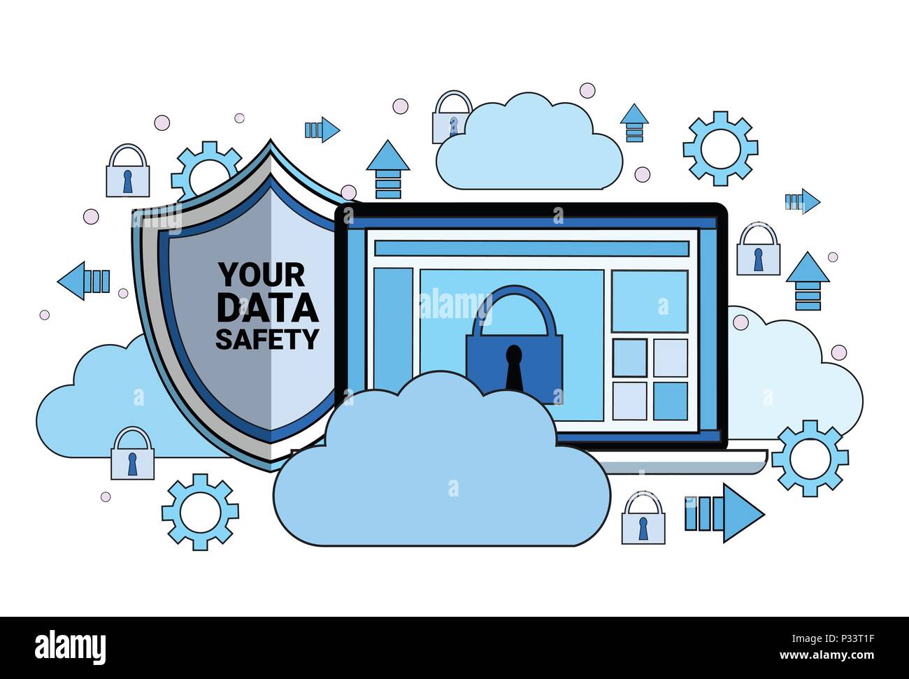 Daten sicherheit Cloud shield tablet Vorhängeschloss über Synchronisation Allgemeine Datenschutzverordnung BIPR Server Security Guard auf weißem Hintergrund flach Stock Vektor
