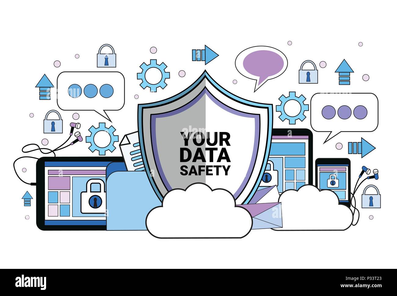 Daten sicherheit Cloud shield tablet Vorhängeschloss über Synchronisation Allgemeine Datenschutzverordnung BIPR Server Security Guard auf weißem Hintergrund flach Stock Vektor