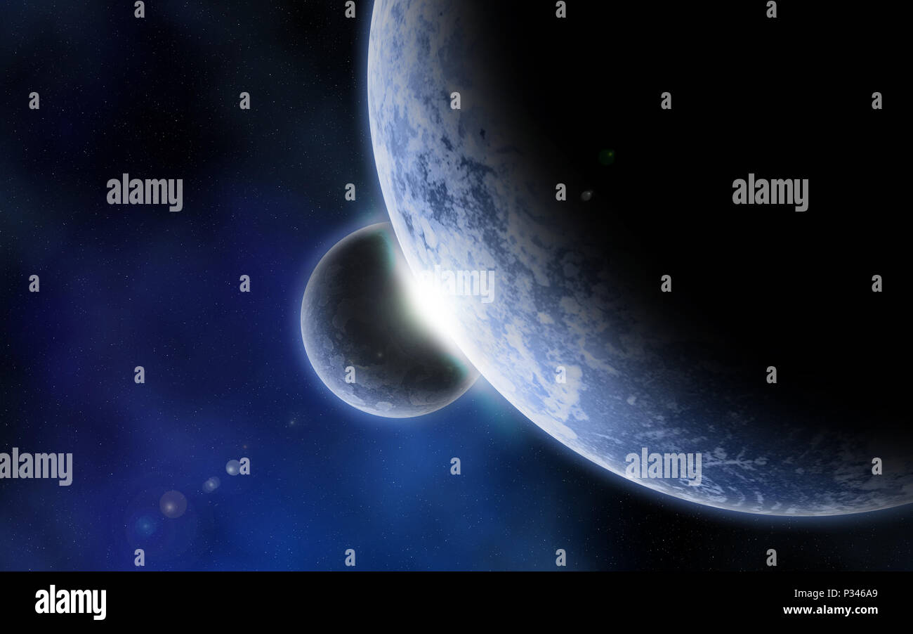 3D-Raum Hintergrund mit fiktiven Planeten und Nebel Stockfoto