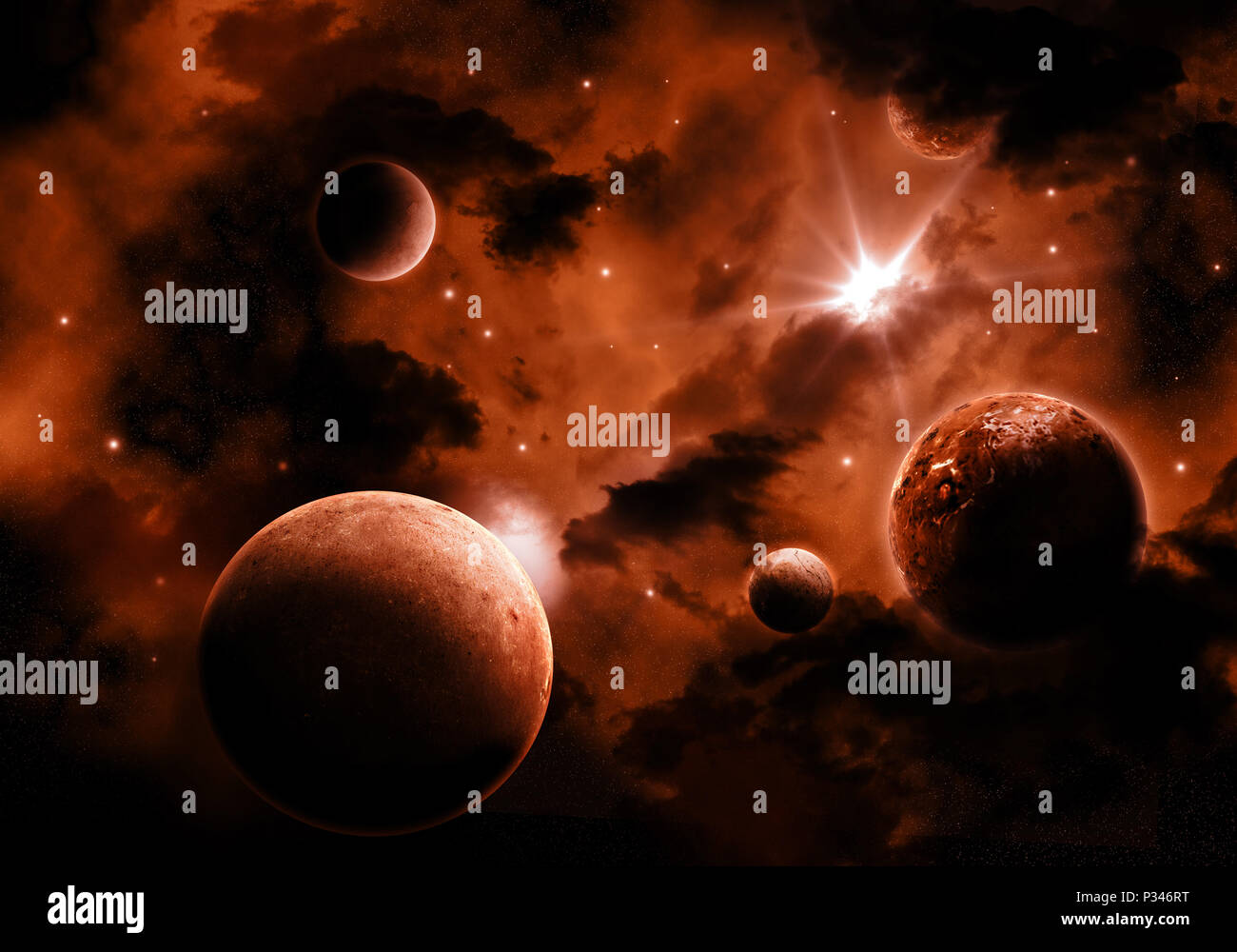 Raum Hintergrund mit feurigen Himmel und fiktiven Planeten Stockfoto