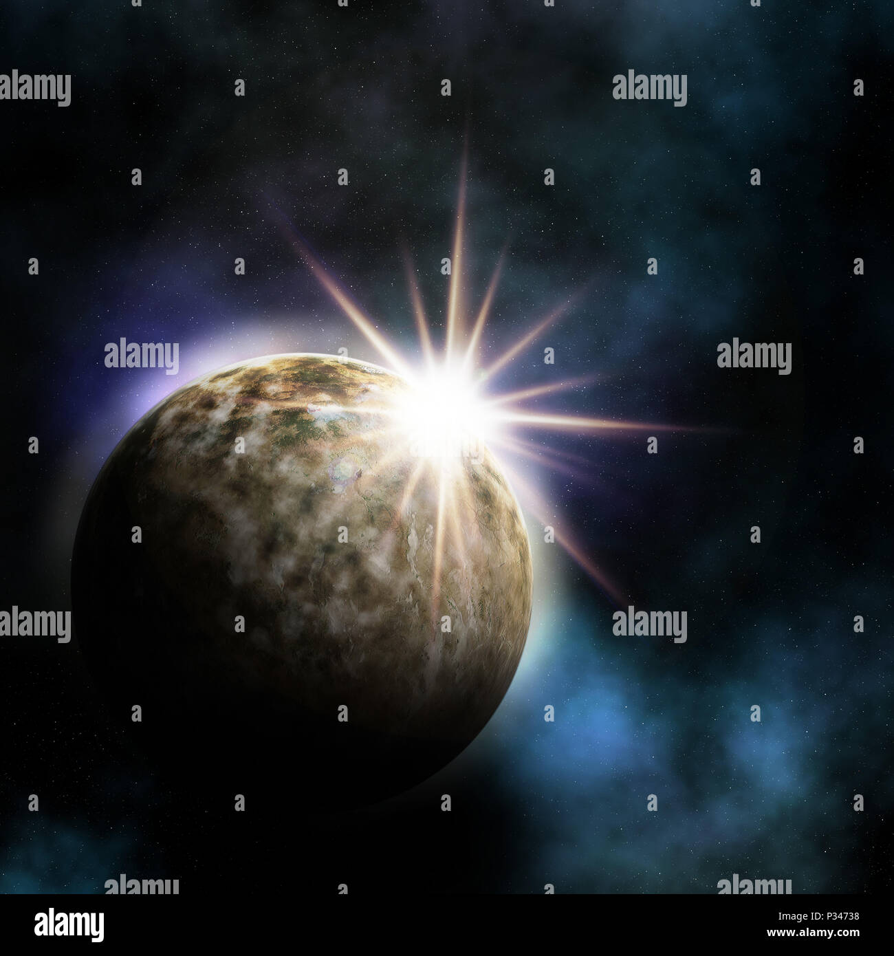 3D-Raum Hintergrund mit Sonne hinter planet-Elemente dieses Bild von der NASA eingerichtet Stockfoto