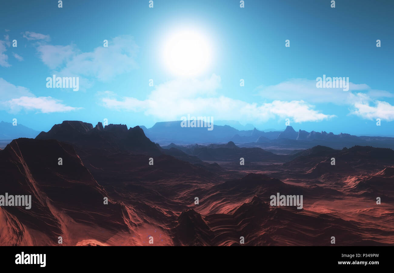 3D-Render einer surrealen Landschaft des Planetengetriebes Stockfoto