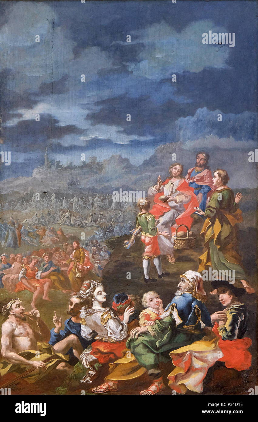 Wunder von Jesus: Die Speisung der 5000, die Kirche der Unbefleckten Empfängnis in Lepoglava, Kroatien Stockfoto