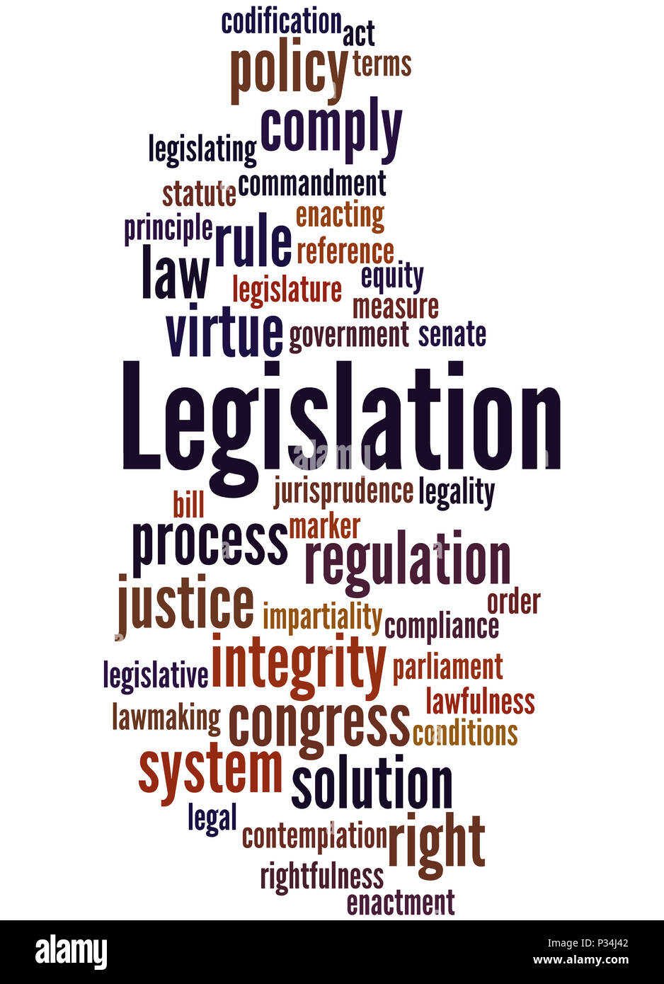 Rechtsvorschriften, Word cloud Konzept auf weißem Hintergrund. Stockfoto