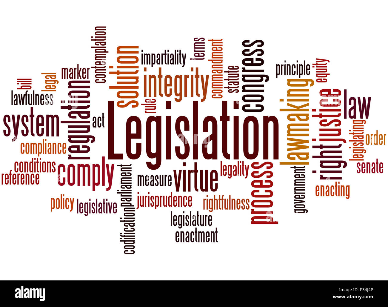 Rechtsvorschriften, Word cloud Konzept auf weißem Hintergrund. Stockfoto