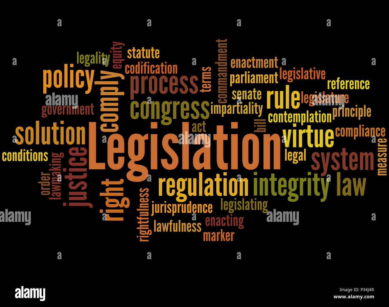 Rechtsvorschriften, Word cloud Konzept auf schwarzem Hintergrund. Stockfoto