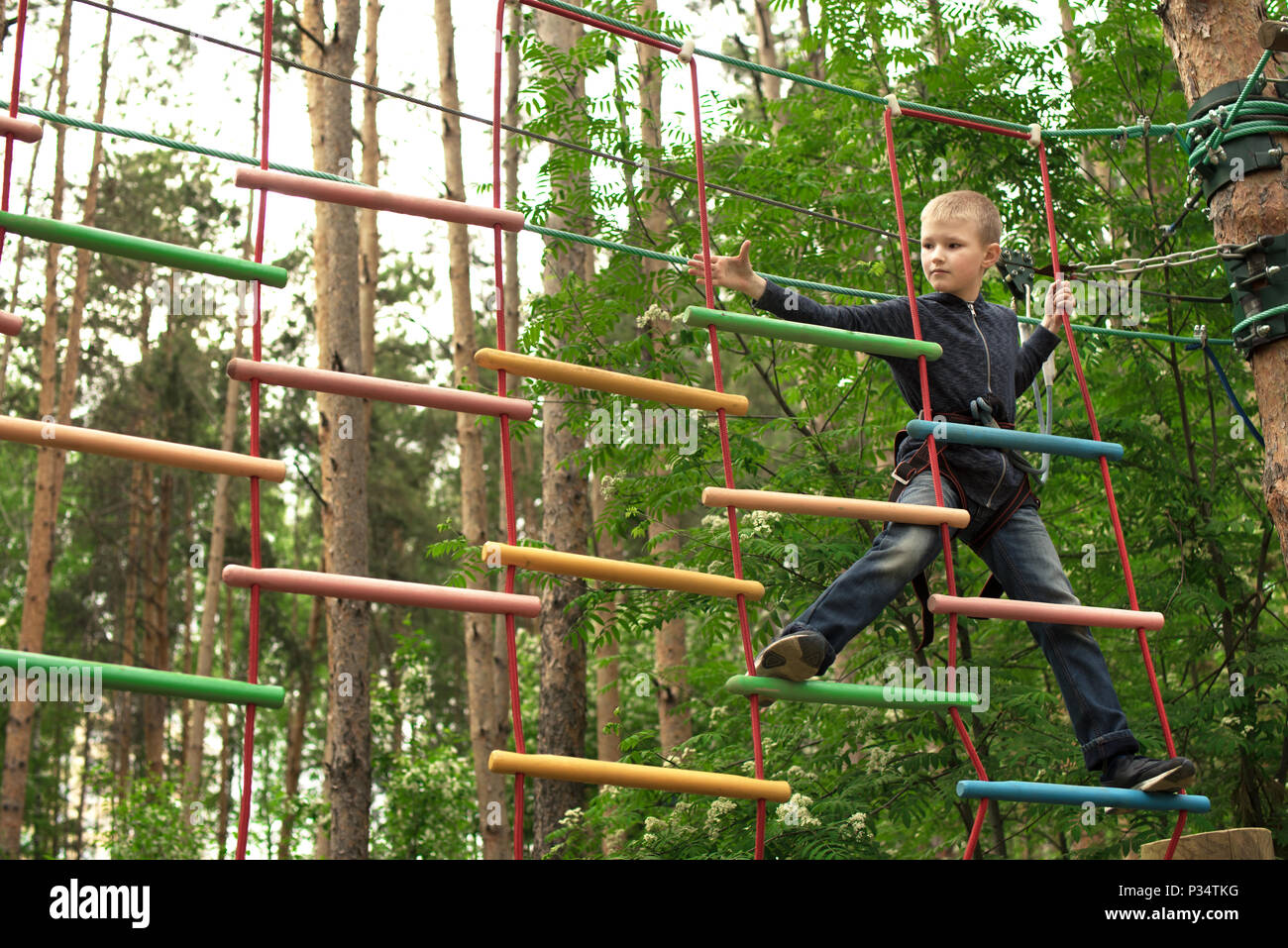 Happy little boy genießen Klettern im Abenteuerpark. Junge Spaß im Wald. Stockfoto