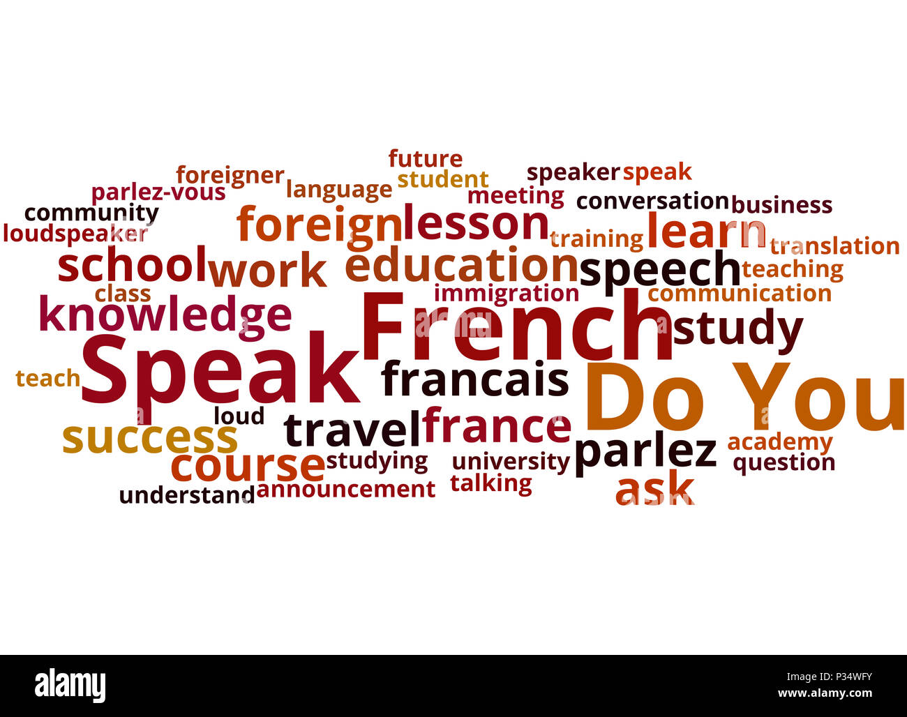 Sie sprechen Französisch, Word cloud Konzept auf weißem Hintergrund. Stockfoto