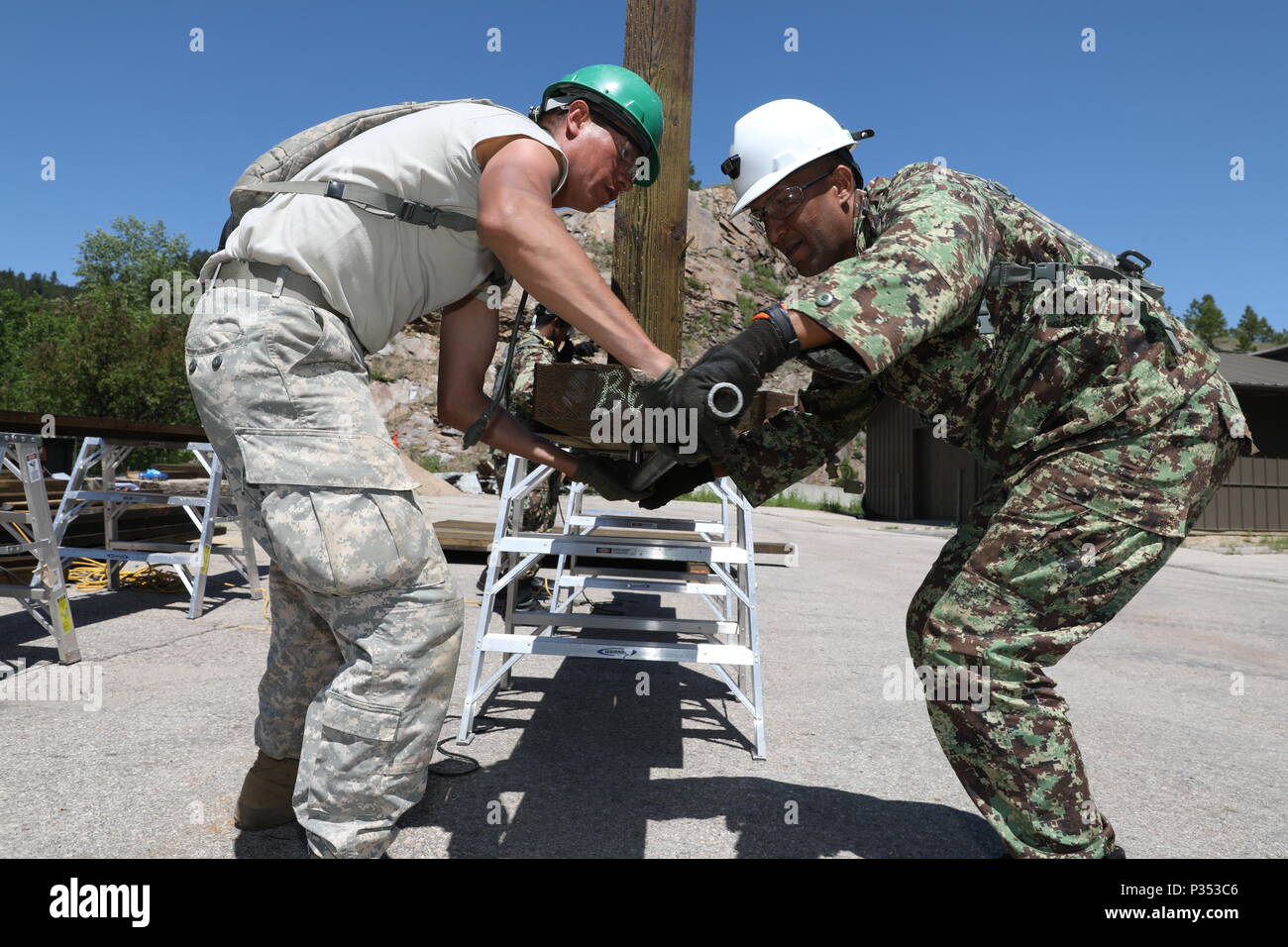 Us-Armee SPC. Fred Grinnell mit den 155 Ingenieur Firma, South Dakota der National Guard, und Suriname Sgt. Vikash Maitenance Boedhai aus der Firma von Suriname Suriname Defence Force, sichere einem Balken während einer Brücke reparieren Projekt zur Unterstützung von Golden Coyote, Totholz, S.D., 15. Juni 2018. Die goldenen Coyote Übung ist eine dreiphasige, Szenario-driven Übung in den Black Hills von South Dakota und Wyoming, mit dem Kommandanten auf der Mission wesentliche Anforderungen der Aufgabe, Krieger Aufgaben und Übungen zu konzentrieren. (U.S. Armee Foto von Sgt. Gary Silverman) Stockfoto