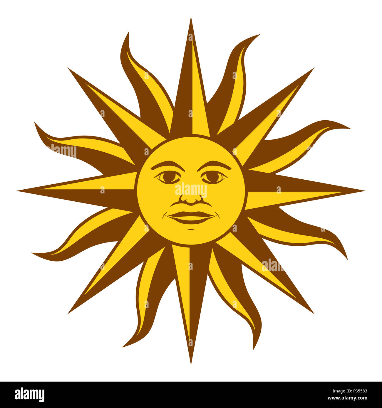 Sun Mai, Spanisch Sol de Mayo, ein nationales Emblem von Uruguay auf die Landesflagge. Strahlend goldgelbe Sonne mit Gesicht und Strahlen. Abbildung. Stockfoto