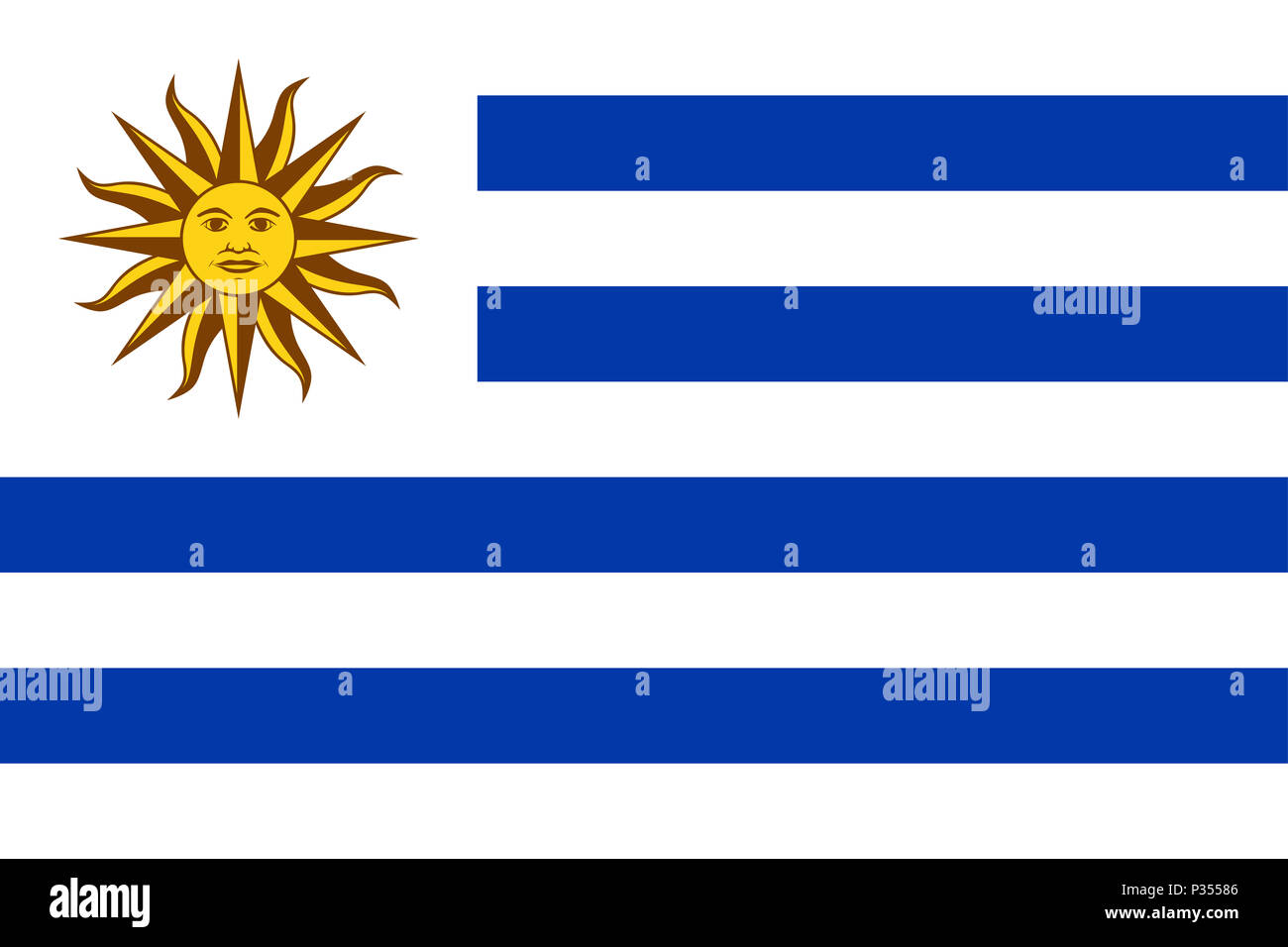 Nationalflagge von Uruguay mit Sonne von Mai auf einem weißen Kanton und neun horizontalen Streifen, abwechselnd weiß und blau. Sol de Mayo, ein nationales Emblem. Stockfoto