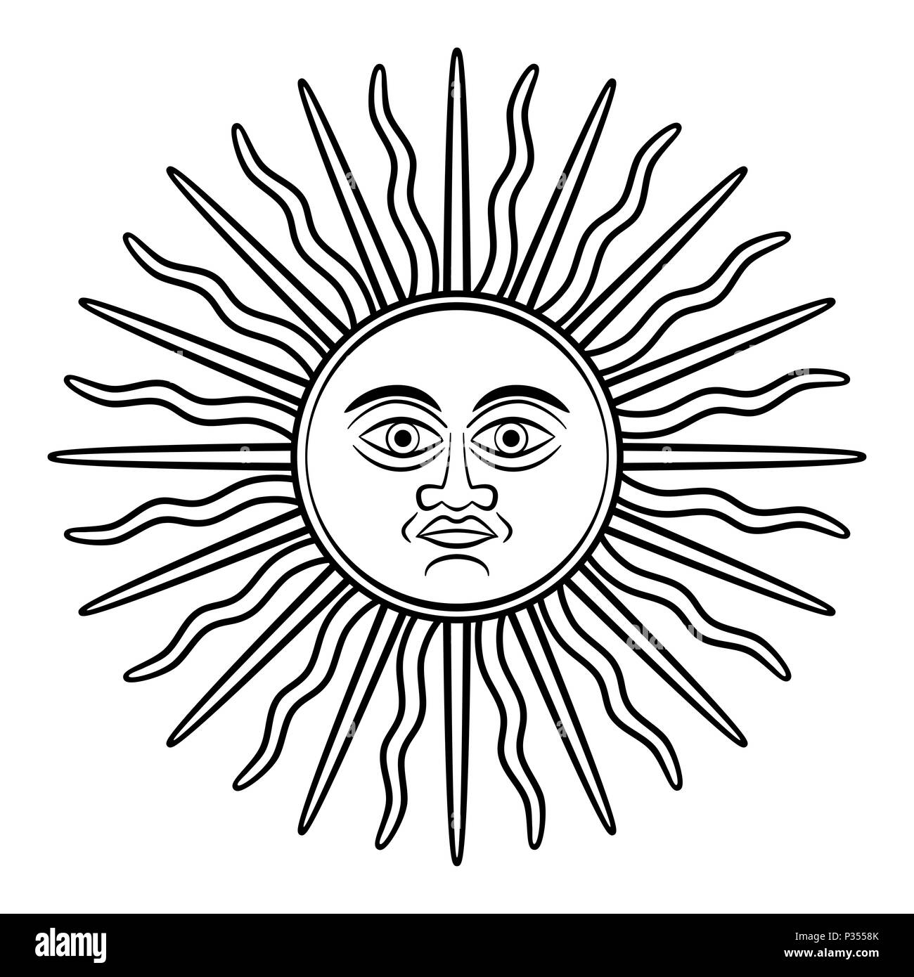 Sun Mai, Sol de Mayo, Symbol, die auf frühen Argentinien Silbermünzen. Wappen von Argentinien und Uruguay auf ihrem Land Fahnen. Stockfoto