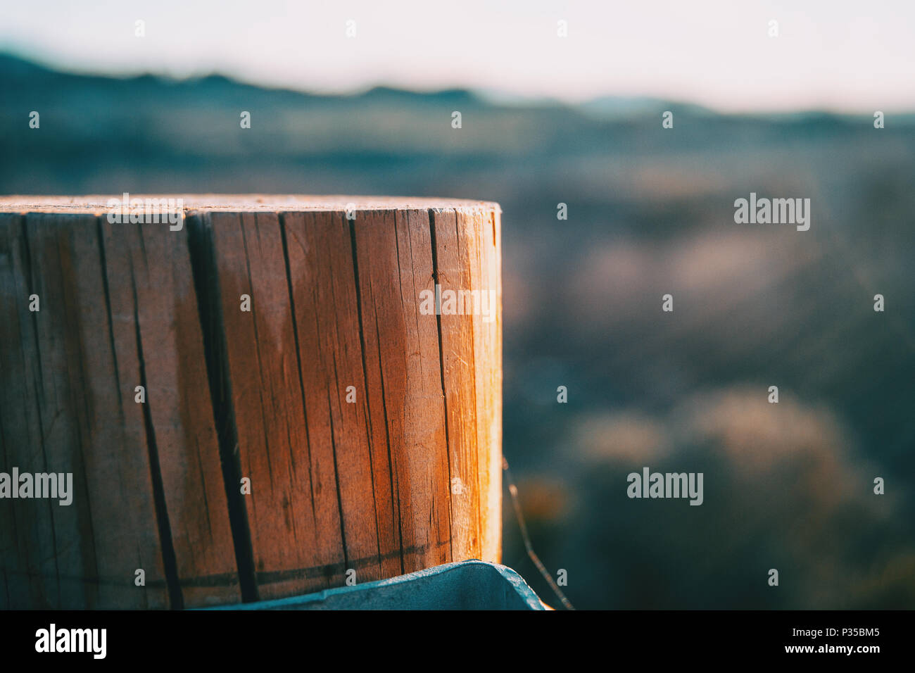 Holz- Stumpf mit einem Sonnenuntergang Licht im Hintergrund Stockfoto