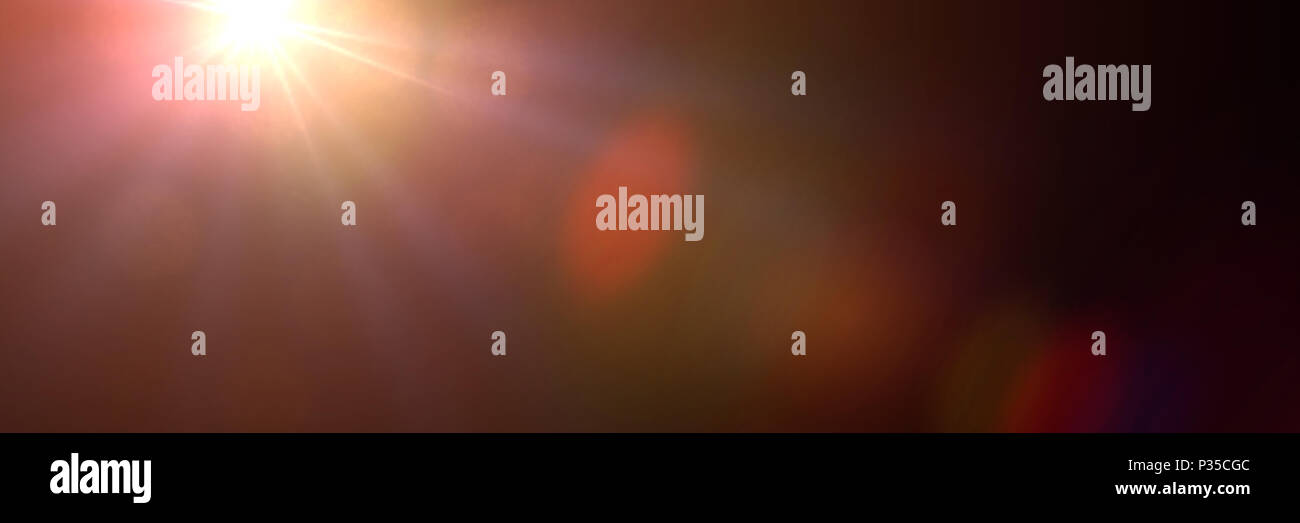Golden lens flare Effekt overlay Textur in den Farben Orange und Rot mit Bokeh vor einem schwarzen Hintergrund banner Stockfoto