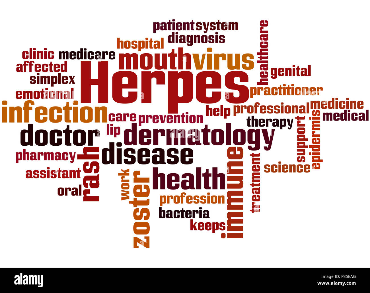 Herpes, Word cloud Konzept auf weißem Hintergrund. Stockfoto