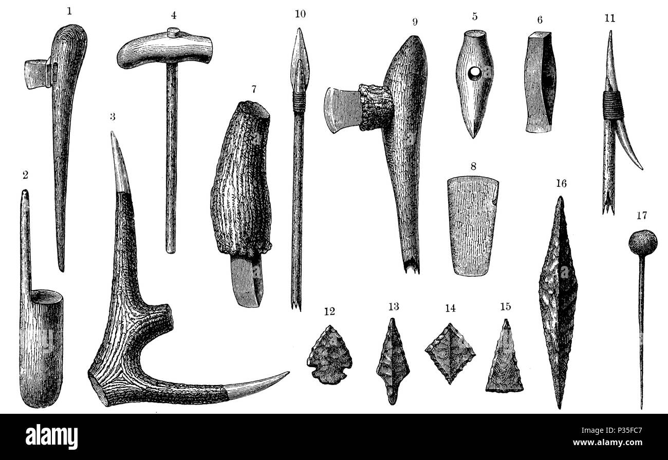 Stein alter Ausrüstung aus dem Schweizerischen Pfahlbauten: a) Ax, 2 Schlägel, 3) Hirschorm Hoe, 4), 5) und 6) Ax Hämmer, 7) und 8) Stein Meißel, 9) im staghorn und Holz Hacke, 10) Speerspitze, 11) Pfeilspitze, 12) - 15) Stein Pfeilspitzen, 16) Speerspitze, 17) Bein Nadel, 1894 Stockfoto