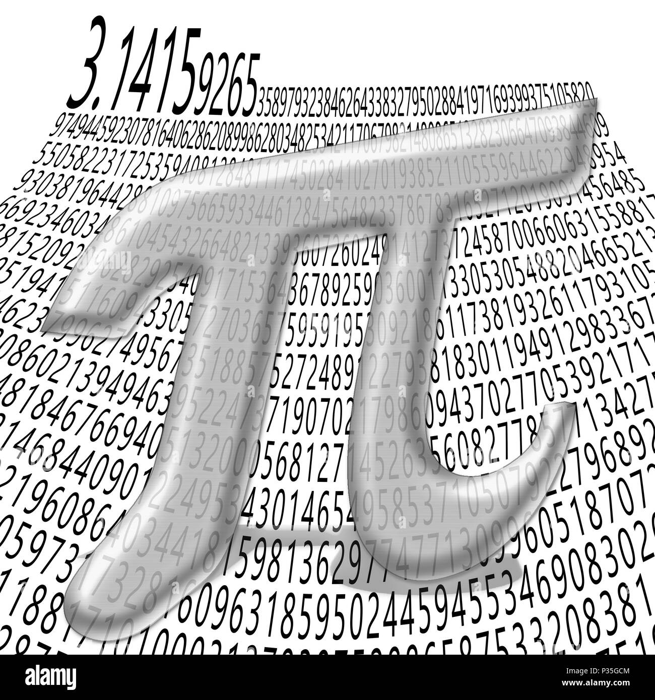 Digital verbesserte Bild der griechischen Buchstaben Pi mathematisches Zeichen mit die ersten tausend Stellen der Nummer im Hintergrund Stockfoto