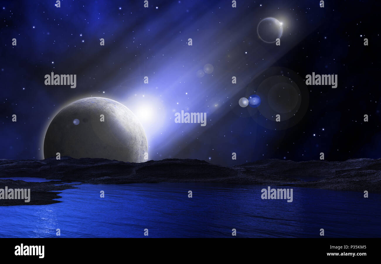 3D-abstrakten Raum Hintergrund mit Sternen und fiktiven Planeten Stockfoto